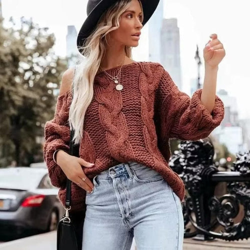 Boho Beach Hut Pullovers, Sweater, Knit Sweater Sexy Off Shoulder Knit Pullover Sweater Red / S