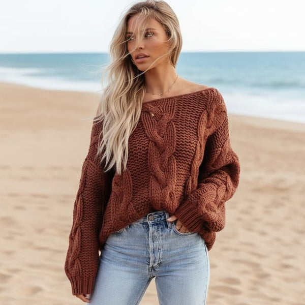 Boho Beach Hut Pullovers, Sweater, Knit Sweater Sexy Off Shoulder Knit Pullover Sweater Red / S