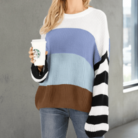 Boho Beach Hut Pullovers, Sweater, Knit Sweater, Striped Sweater Boho Striped Casual Pullover Knit Sweater Blue / S