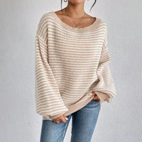 Boho Beach Hut Pullovers, Sweater, Knit Sweater, Striped Sweater Boho Striped Slash Neck Lantern Sleeve Sweater Beige / S