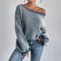 Boho Beach Hut Pullovers, Sweater, Knit Sweater, Striped Sweater Boho Striped Slash Neck Lantern Sleeve Sweater Blue / S