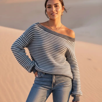 Boho Beach Hut Pullovers, Sweater, Knit Sweater, Striped Sweater Boho Striped Slash Neck Lantern Sleeve Sweater Blue / S