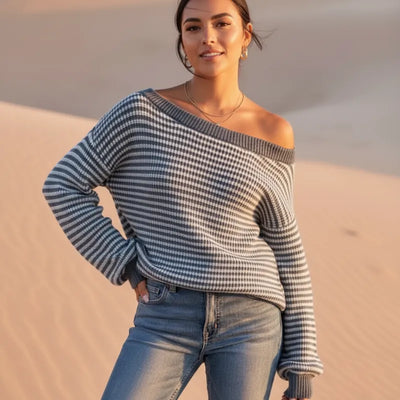 Boho Beach Hut Pullovers, Sweater, Knit Sweater, Striped Sweater Boho Striped Slash Neck Lantern Sleeve Sweater Blue / S