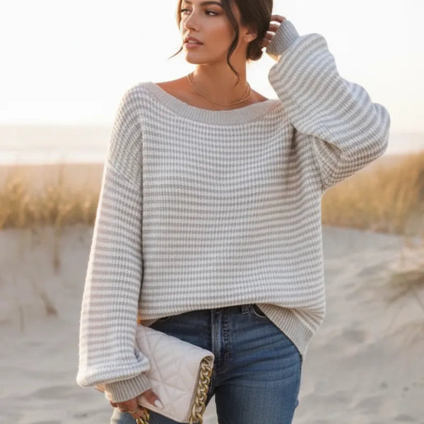 Boho Beach Hut Pullovers, Sweater, Knit Sweater, Striped Sweater Boho Striped Slash Neck Lantern Sleeve Sweater Gray / S