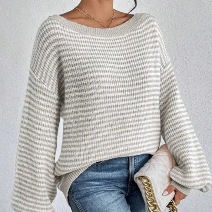 Boho Beach Hut Pullovers, Sweater, Knit Sweater, Striped Sweater Boho Striped Slash Neck Lantern Sleeve Sweater Gray / S
