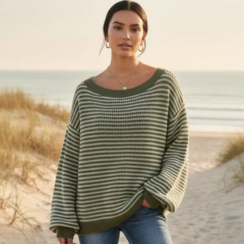 Boho Beach Hut Pullovers, Sweater, Knit Sweater, Striped Sweater Boho Striped Slash Neck Lantern Sleeve Sweater Green / S
