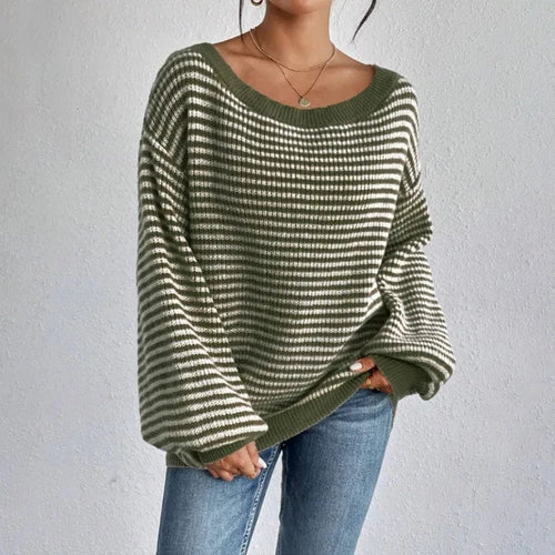 Boho Beach Hut Pullovers, Sweater, Knit Sweater, Striped Sweater Boho Striped Slash Neck Lantern Sleeve Sweater Green / S