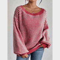 Boho Beach Hut Pullovers, Sweater, Knit Sweater, Striped Sweater Boho Striped Slash Neck Lantern Sleeve Sweater Red / S