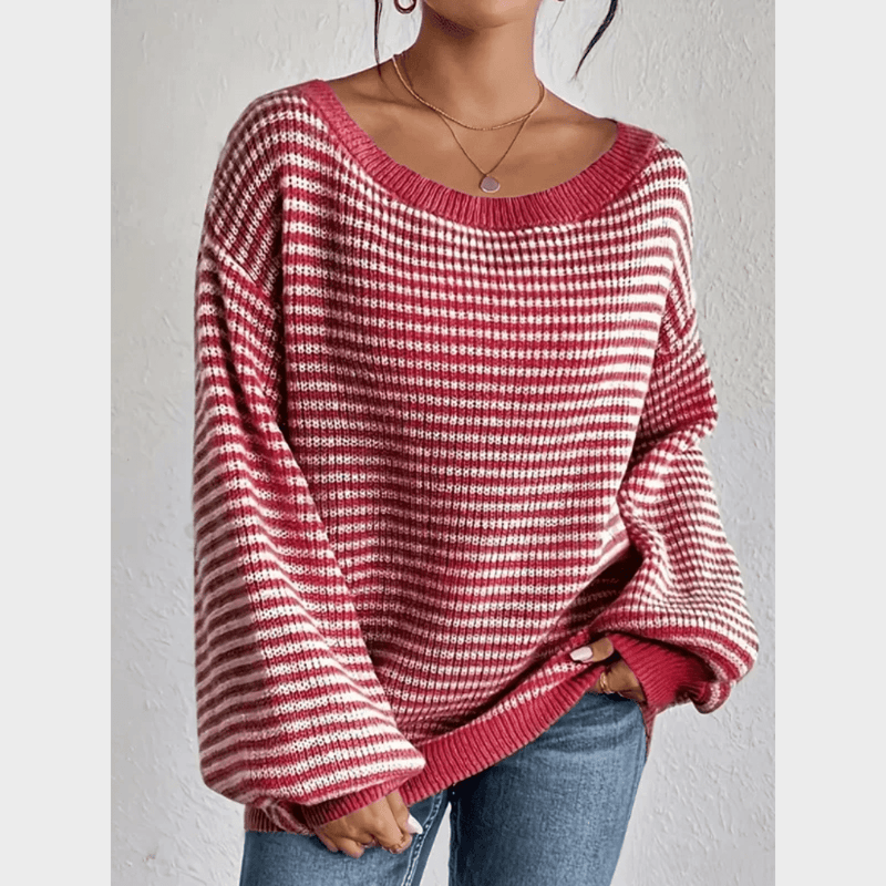 Boho Beach Hut Pullovers, Sweater, Knit Sweater, Striped Sweater Boho Striped Slash Neck Lantern Sleeve Sweater Red / S