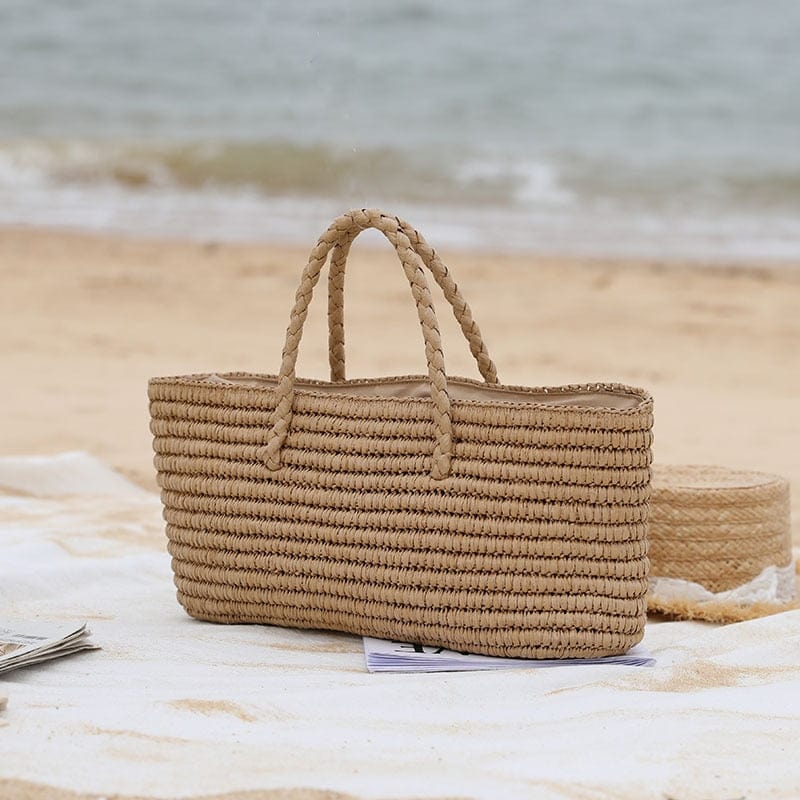 Boho Beach Hut Purse, Tote, beach bag, handbag, woven straw bag Khaki / One Size Bohemian Woven Straw Tote Bag