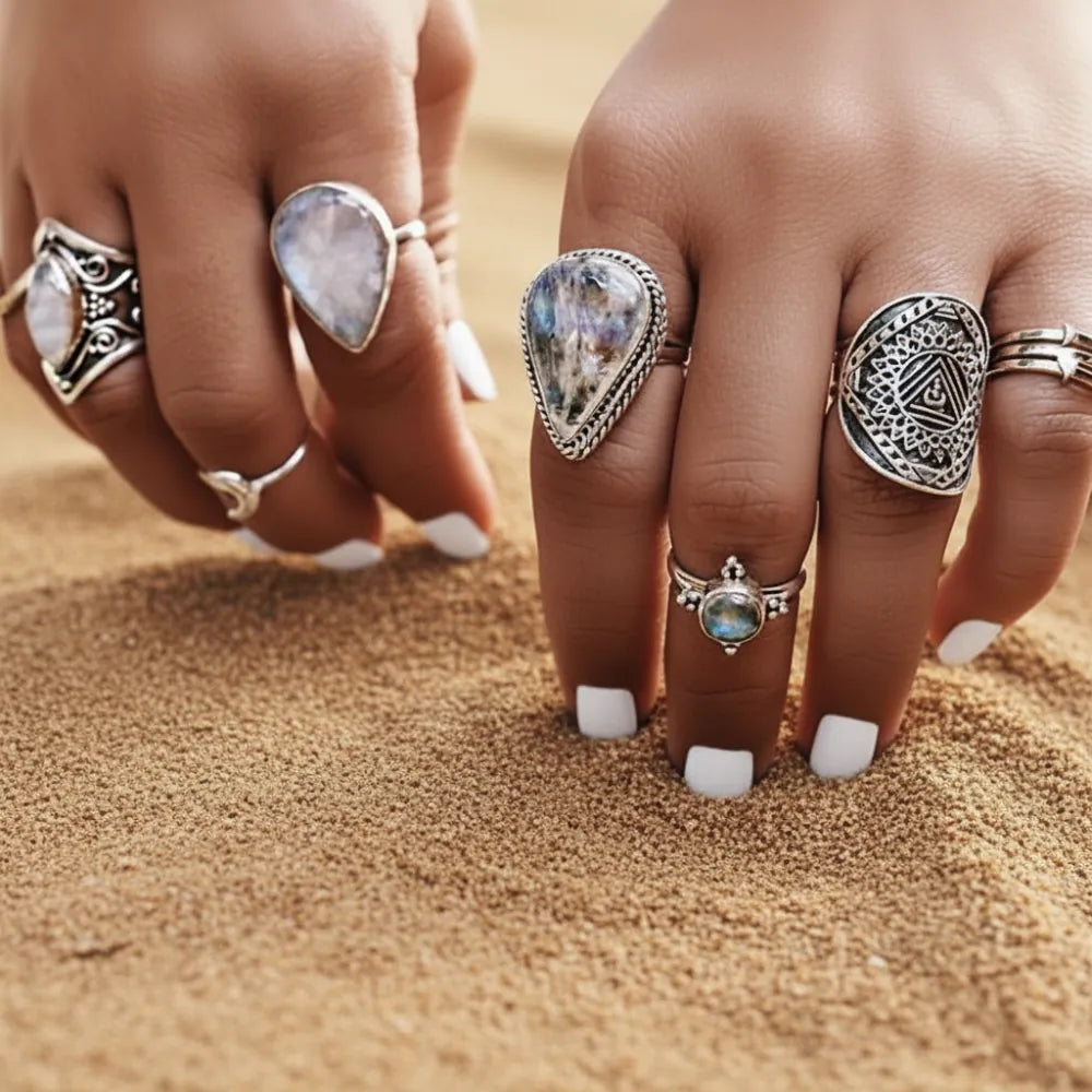 Boho Beach Hut Rings Silver / One Size Bohemian Crystal Stone Ring Set