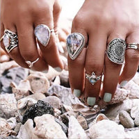 Boho Beach Hut Rings Silver / One Size Bohemian Crystal Stone Ring Set