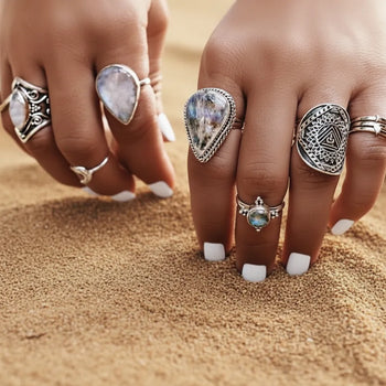 Boho Beach Hut Rings Silver / One Size Bohemian Crystal Stone Ring Set