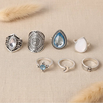Boho Beach Hut Rings Silver / One Size Bohemian Crystal Stone Ring Set