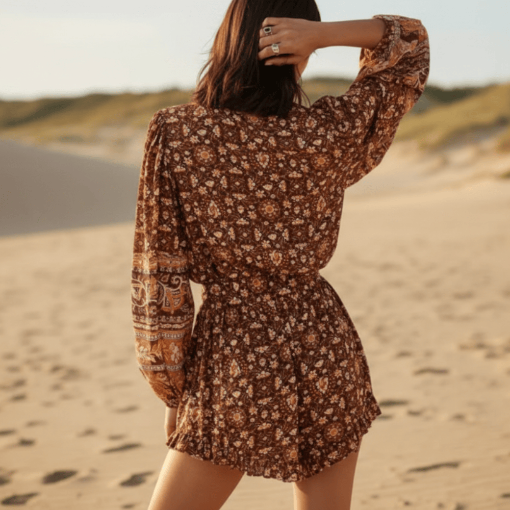 Romper Floral Long Sleeve Cotton Waist Tie Brown