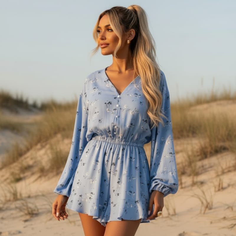 Woman wearing a blue floral V-neck romper with front button detail, long sleeves, elastic waist, wide-leg shorts, and a feminine ruffled hem.