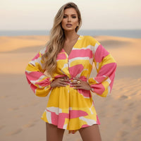 Boho Beach Hut Romper, Playsuit, Floral Romper Boho Floral V-Neck Romper Yellow / S