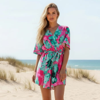 Boho Beach Hut Romper, Playsuit, Floral Romper Boho Summer Floral Print Romper Green / S