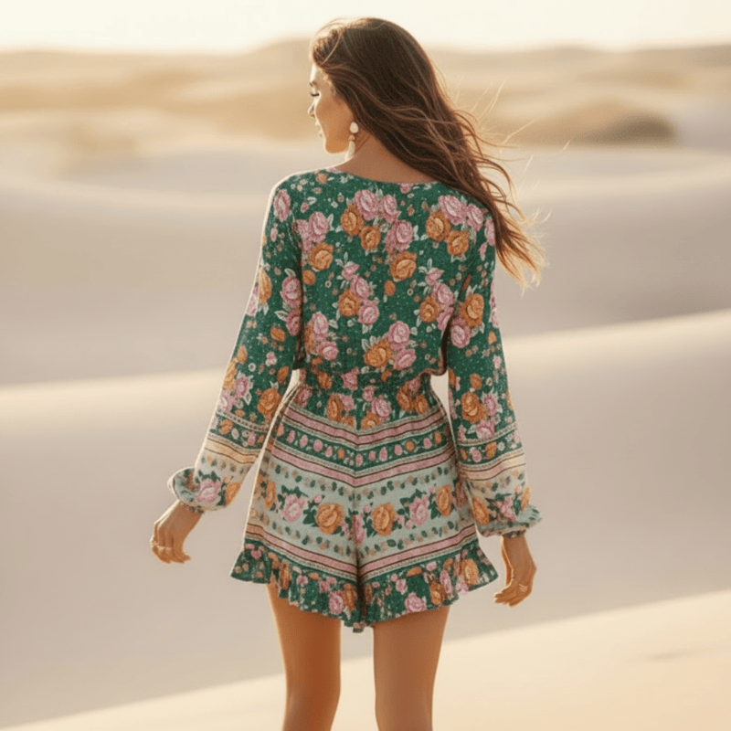 Back of a woman wearing a vintage green floral boho romper with a tassel tie V-neckline, flowy long sleeves, wide-leg shorts, and soft rayon fabric.