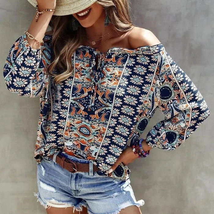 Boho Beach Hut Shirts & Tops, Long Sleeve Shirt, Blouse Boho Floral Print Off Shoulder Top Blue / S