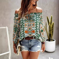 Boho Beach Hut Shirts & Tops, Long Sleeve Shirt, Blouse Boho Floral Print Off Shoulder Top Green / S