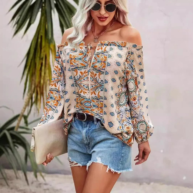 Boho Beach Hut Shirts & Tops, Long Sleeve Shirt, Blouse Boho Floral Print Off Shoulder Top Khaki / S