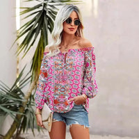 Boho Beach Hut Shirts & Tops, Long Sleeve Shirt, Blouse Boho Floral Print Off Shoulder Top Pink / S