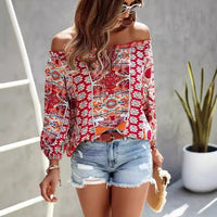 Boho Beach Hut Shirts & Tops, Long Sleeve Shirt, Blouse Boho Floral Print Off Shoulder Top Red / S