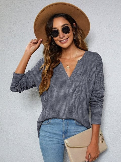 Boho Beach Hut Shirts & Tops, long sleeve shirt, blouse Casual Loose V-Neck Long Sleeve Top Gray / S