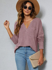 Boho Beach Hut Shirts & Tops, long sleeve shirt, blouse Casual Loose V-Neck Long Sleeve Top Pink / S