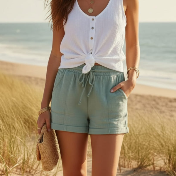 Boho Beach Hut Shorts, Beach Shorts, Boho Shorts Boho Mid-Rise Beach Shorts Green / S