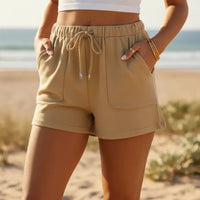 Boho Beach Hut Shorts, Beach Shorts, Boho Shorts High Waist Drawstring Casual Shorts Khaki / S