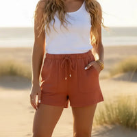 Boho Beach Hut Shorts, Beach Shorts, Boho Shorts High Waist Drawstring Casual Shorts Orange / S