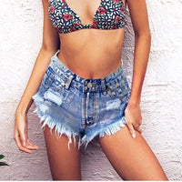 Boho Beach Hut Shorts, Daisy Dukes, Low Rise Shorts Boyfriend Style Denim Shorts with Rivets Denim / XS