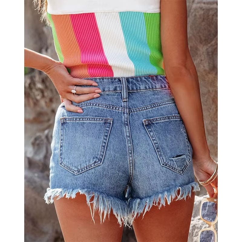 Boho Beach Hut Shorts, Jean Shorts, Holey Shorts, Distressed Shorts High Waist Ripped Boho Denim Shorts