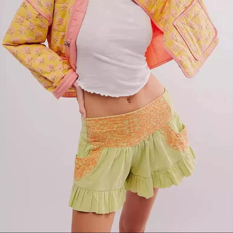 Boho Beach Hut Shorts, Ruffle Shorts, Boho Shorts Boho Floral Embroidered Ruffle Edge Shorts Light Green / S