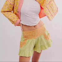 Boho Beach Hut Shorts, Ruffle Shorts, Boho Shorts Boho Floral Embroidered Ruffle Edge Shorts Light Green / S