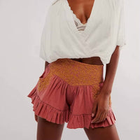 Boho Beach Hut Shorts, Ruffle Shorts, Boho Shorts Boho Floral Embroidered Ruffle Edge Shorts Pink / S