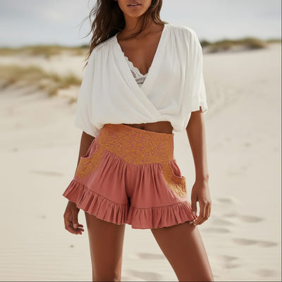 Boho Beach Hut Shorts, Ruffle Shorts, Boho Shorts Boho Floral Embroidered Ruffle Edge Shorts Pink / S