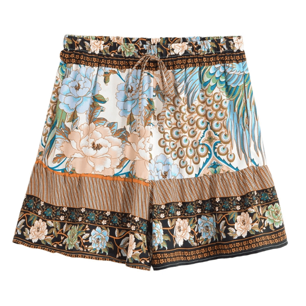 Blue boho floral high waist drawstring shorts with pockets made from lightweight cotton rayon featuring a peacock-inspired floral print for summer styles, beach outfits, and casual bohemian style.