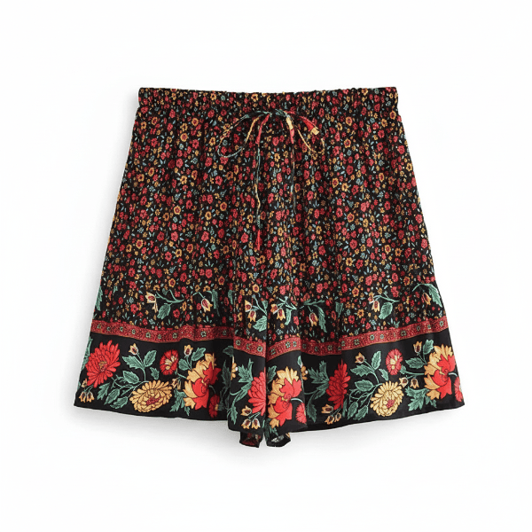 Midnight Meadow black boho floral drawstring shorts with a high-rise elastic waist and colorful floral border.