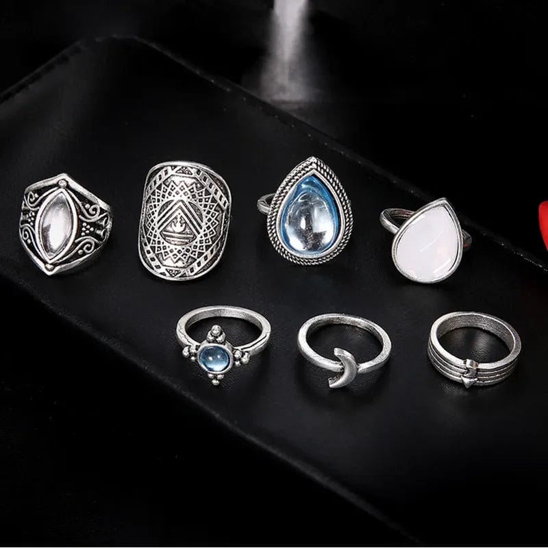 Boho Beach Hut Silver / One Size Bohemian Crystal Stone Ring Set