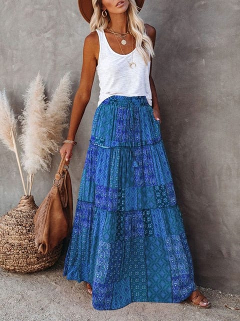 Boho Beach Hut Skirt, maxi skirt Blue / S Floral Print Bohemian Maxi Skirt