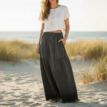Boho Beach Hut Skirt, Maxi Skirt Bohemian Style Denim Maxi Skirt Black / S