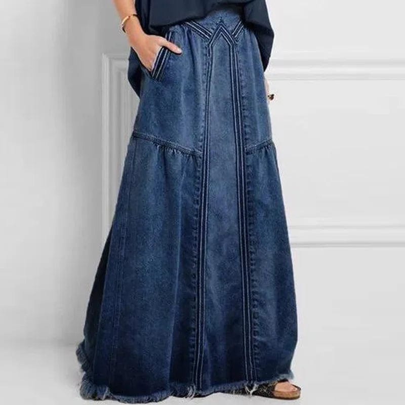 Boho Beach Hut Skirt, Maxi Skirt Bohemian Style Denim Maxi Skirt Dark Blue / S