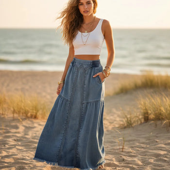 Boho Beach Hut Skirt, Maxi Skirt Bohemian Style Denim Maxi Skirt Light Blue / S