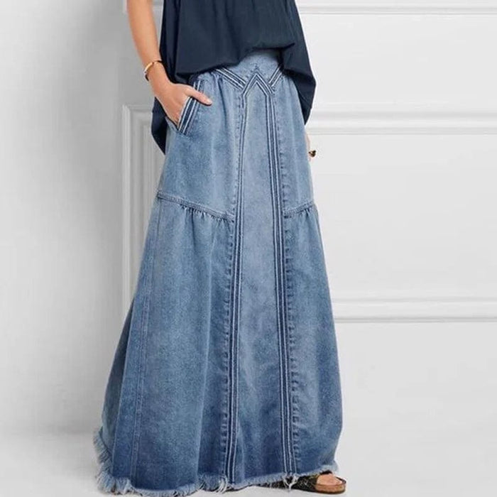 Boho Beach Hut Skirt, Maxi Skirt Bohemian Style Denim Maxi Skirt Light Blue / S