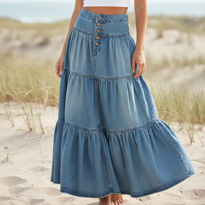 Boho Beach Hut Skirt, Maxi Skirt, Denim Skirt Boho High Waist Denim Maxi Skirt Blue / S