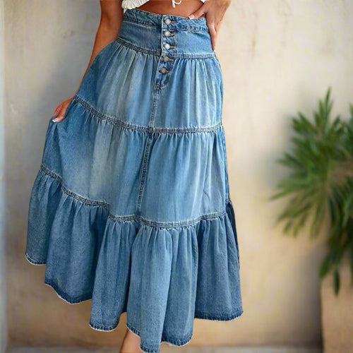 Boho Beach Hut Skirt, Maxi Skirt, Denim Skirt Boho High Waist Denim Maxi Skirt Blue / S