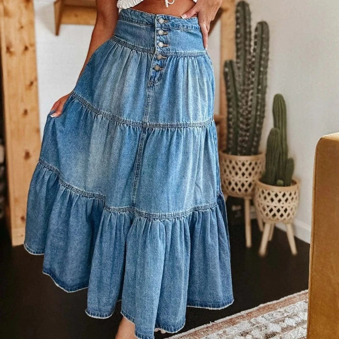 Boho Beach Hut Skirt, Maxi Skirt, Denim Skirt Boho High Waist Denim Maxi Skirt Blue / S